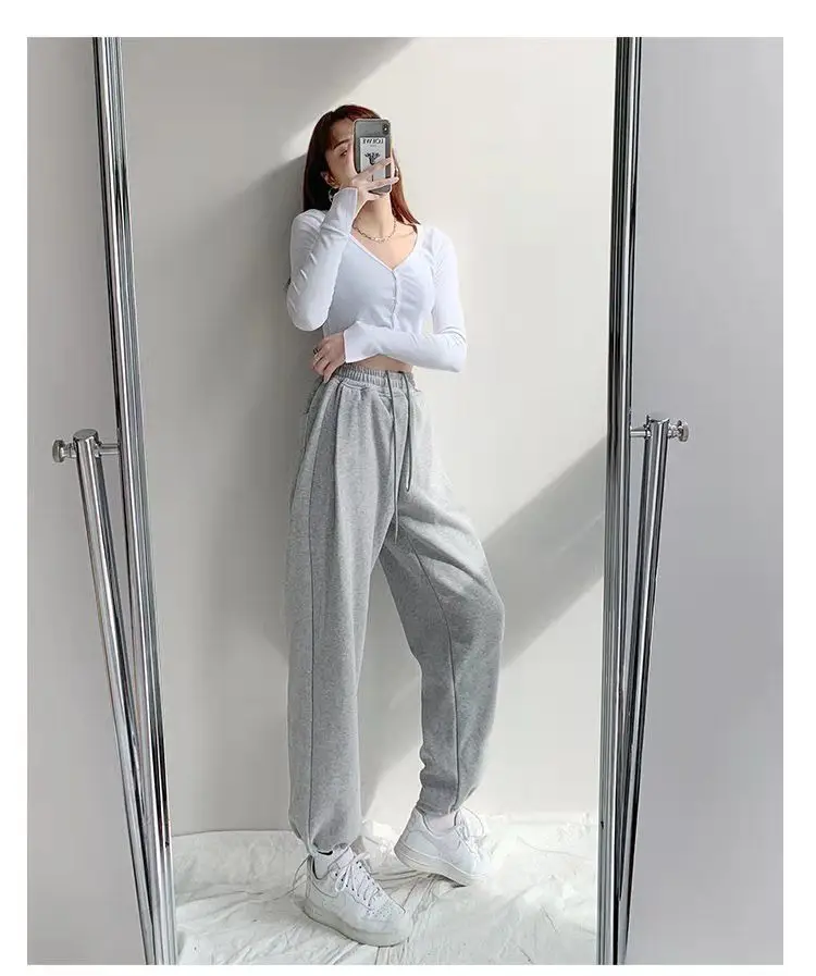 Women Grey Loose Sports Pants Spring Autumn High Waist Straight Fit — feature 8