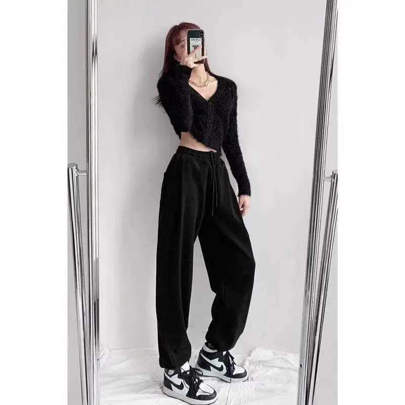 Women Grey Loose Sports Pants Spring Autumn High Waist Straight Fit