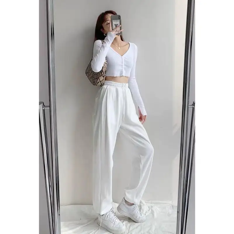 Women Grey Loose Sports Pants Spring Autumn High Waist Straight Fit