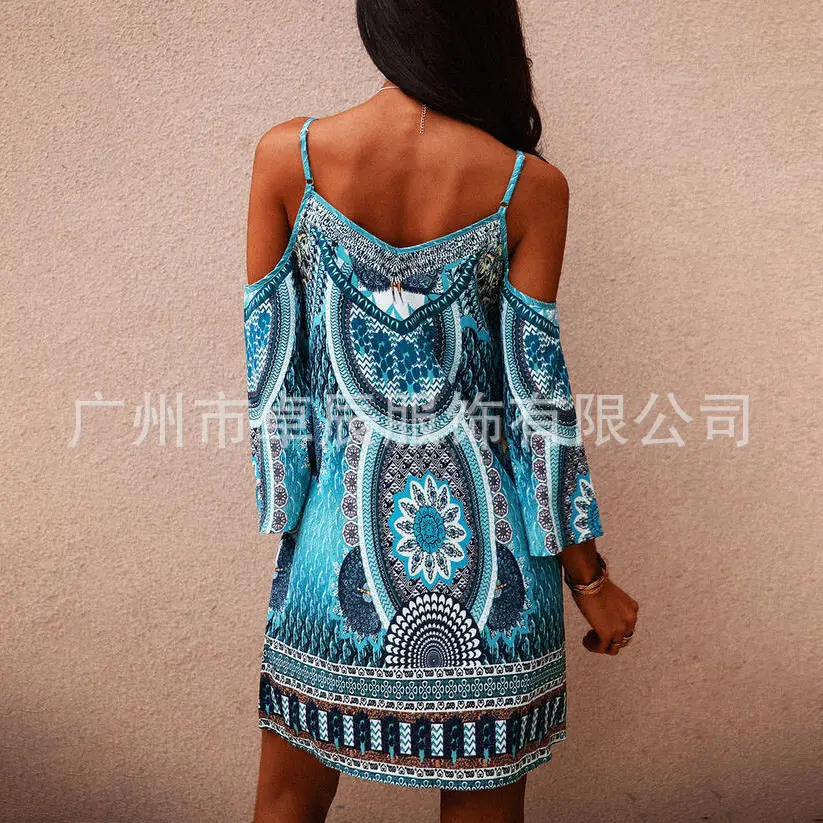2023 Summer Printed V Neck Cold Shoulder Dress Blue - Image 4