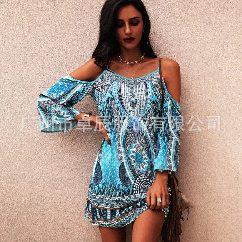 2023 Summer Printed V Neck Cold Shoulder Dress Blue - Image 5