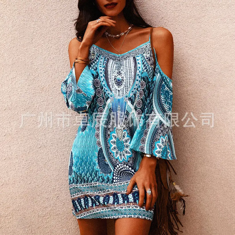 2023 Summer Printed V Neck Cold Shoulder Dress Blue - Image 6