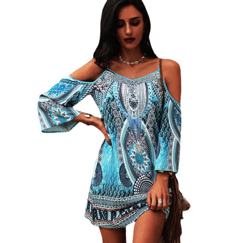 2023 Summer Printed V Neck Cold Shoulder Dress Blue - Image 7