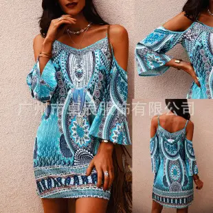 2023 Summer Printed V Neck Cold Shoulder Dress Blue — feature 10