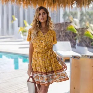 2023 Summer Printed V Neck Cold Shoulder Dress Blue — feature 14