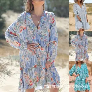 2023 Summer Printed V Neck Cold Shoulder Dress Blue — feature 4