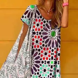 2023 Summer Printed V Neck Cold Shoulder Dress Blue — feature 6