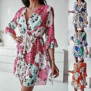 2023 Summer Printed V Neck Cold Shoulder Dress Blue — feature 7