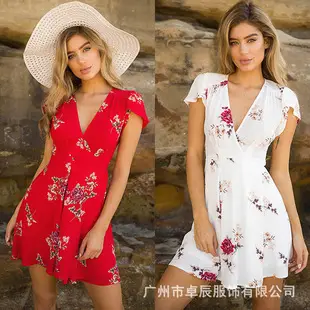 2023 Summer Printed V Neck Cold Shoulder Dress Blue — feature 9