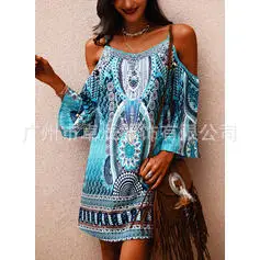 2023 Summer Printed V Neck Cold Shoulder Dress Blue - Image 2