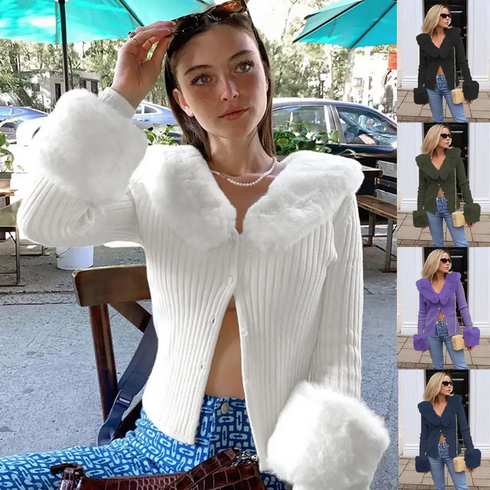 White Fluffy Knitted Long Sleeve Top for Women