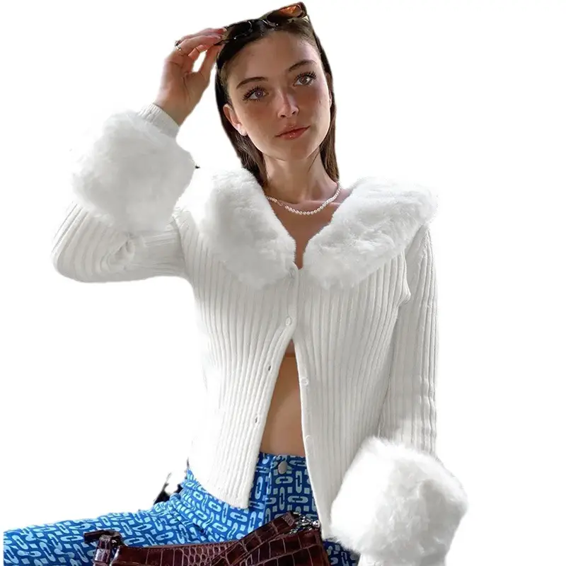 White Fluffy Knitted Long Sleeve Top for Women