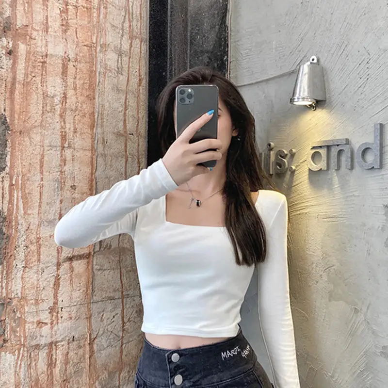 Women Long Sleeve White Top Square Neck Korean Style - Image 5