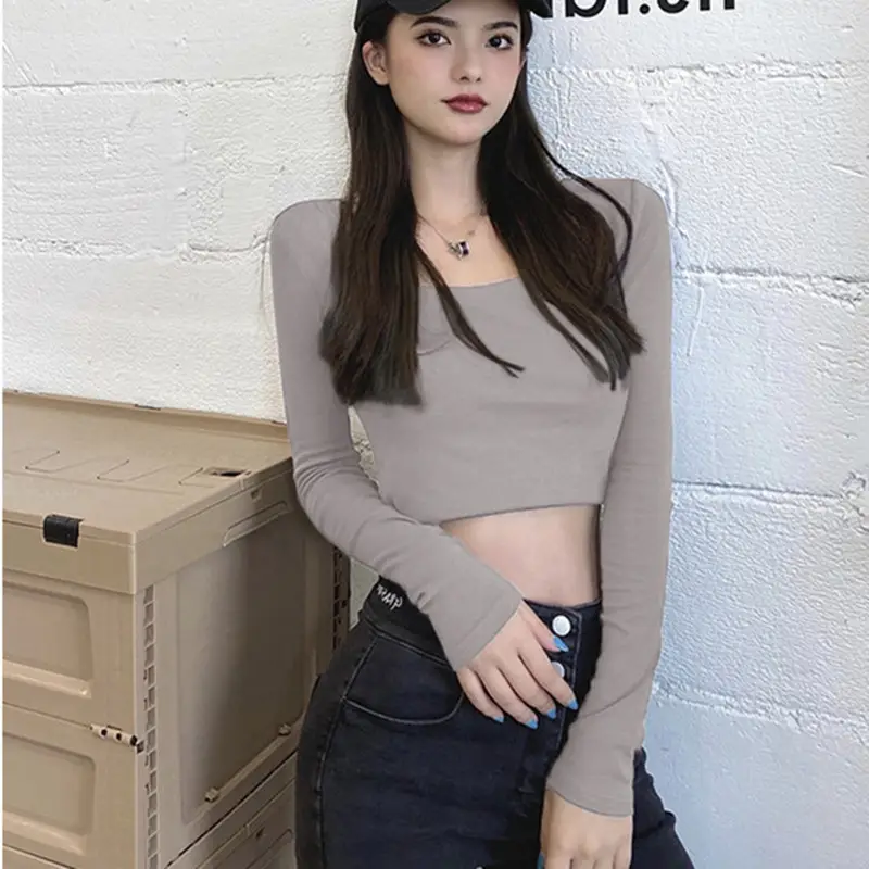 Women Long Sleeve White Top Square Neck Korean Style - Image 6