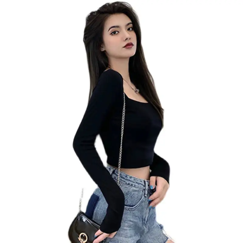 Women Long Sleeve White Top Square Neck Korean Style - Image 8