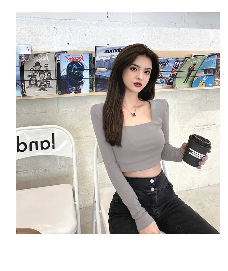 Women Long Sleeve White Top Square Neck Korean Style — feature 1