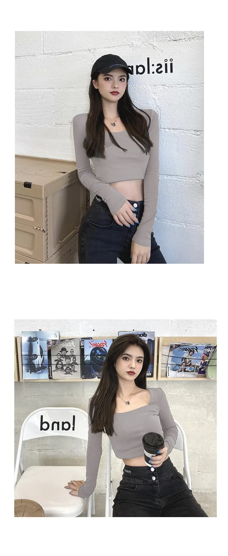 Women Long Sleeve White Top Square Neck Korean Style — feature 2