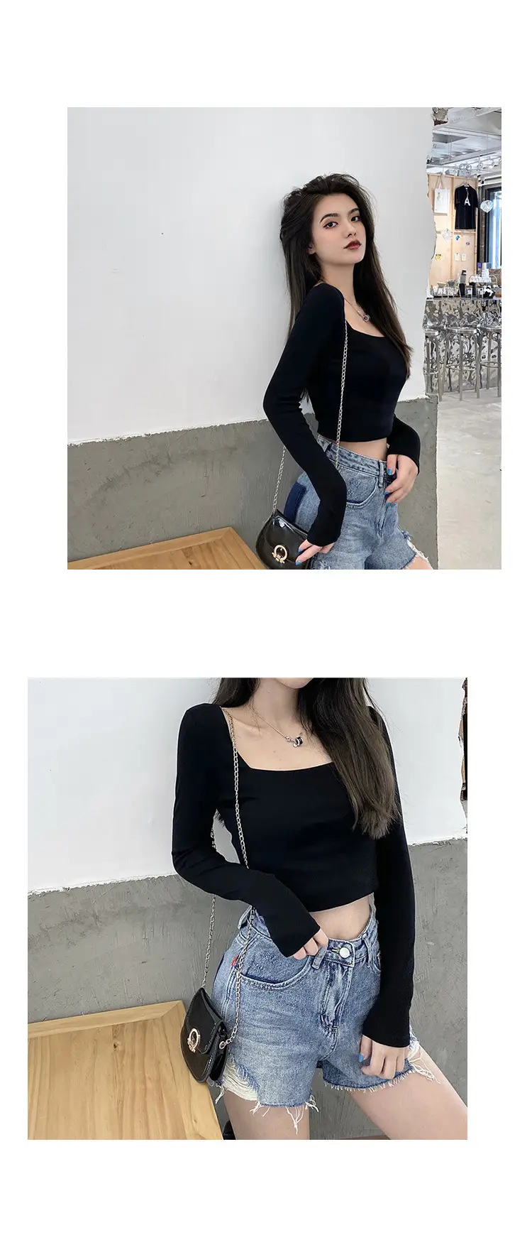 Women Long Sleeve White Top Square Neck Korean Style — feature 4