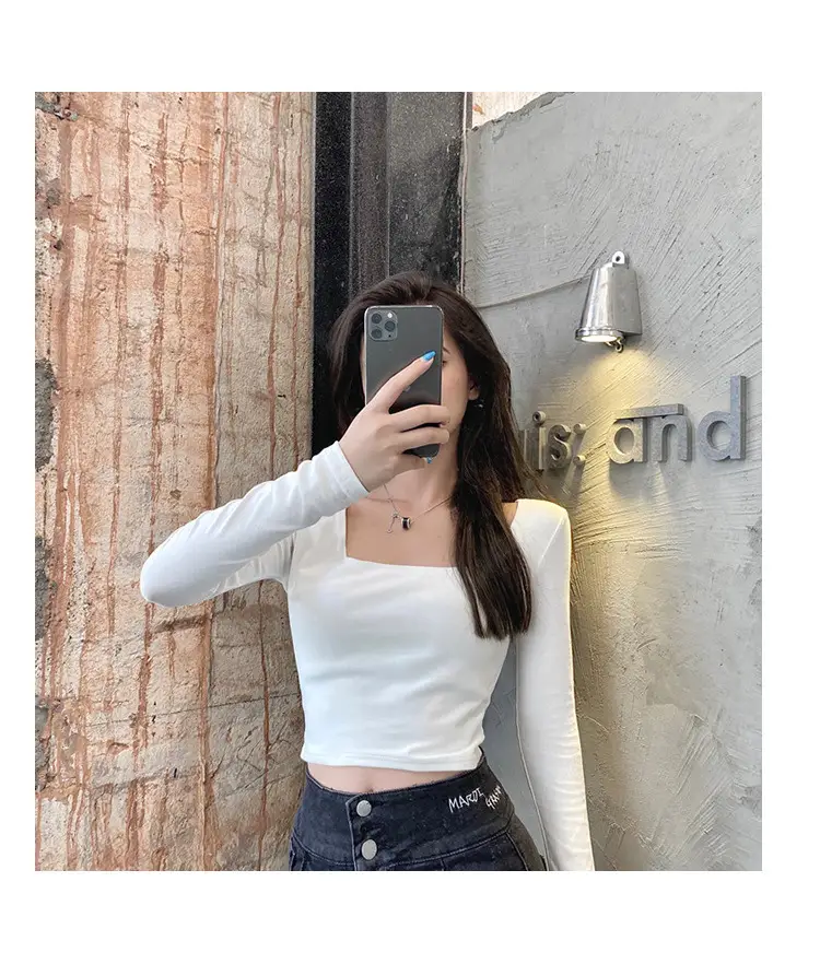 Women Long Sleeve White Top Square Neck Korean Style — feature 8