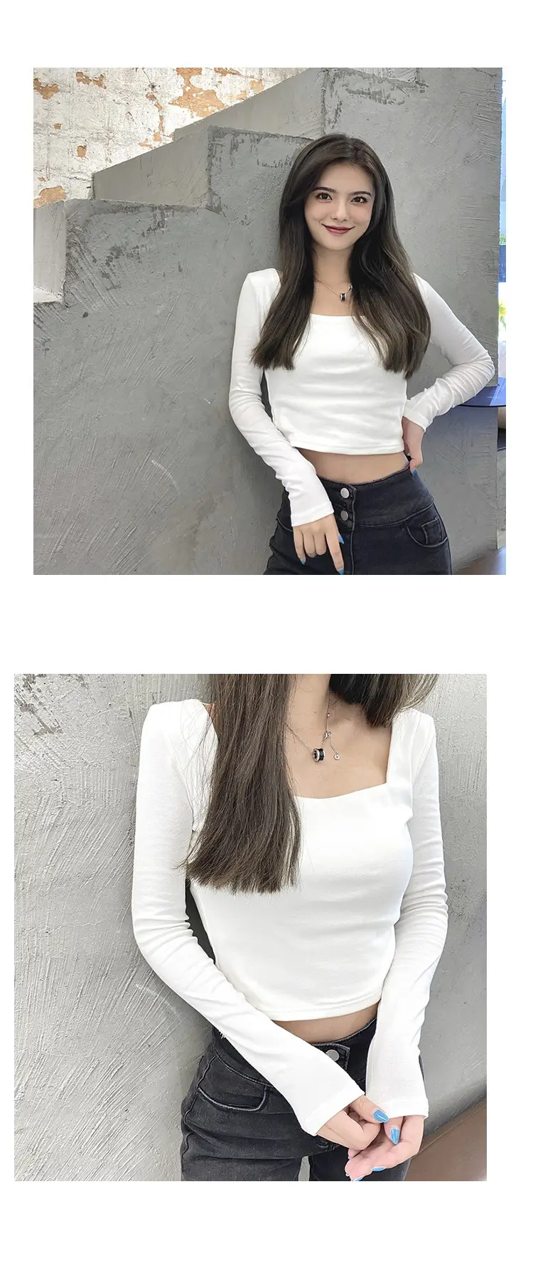 Women Long Sleeve White Top Square Neck Korean Style — feature 9