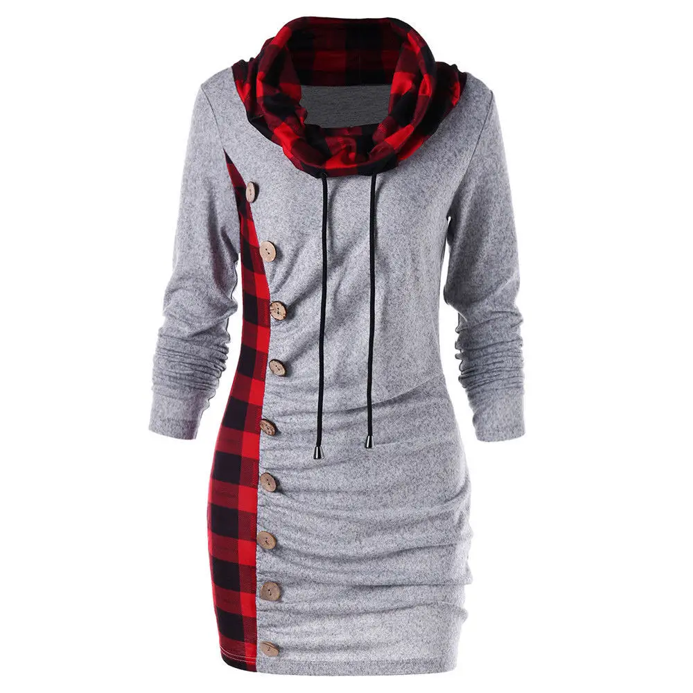 Women Plaid Turtleneck Sweater Set Gray Black Red - Image 4