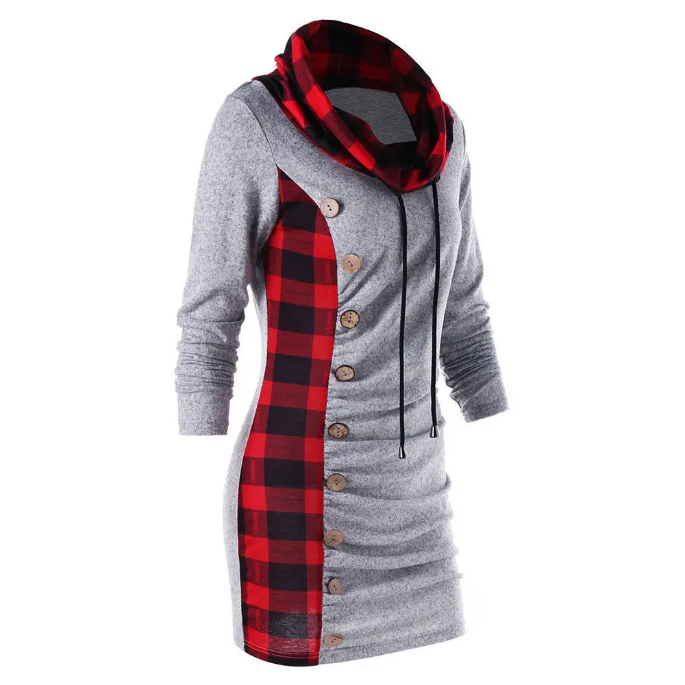 Women Plaid Turtleneck Sweater Set Gray Black Red - Image 6