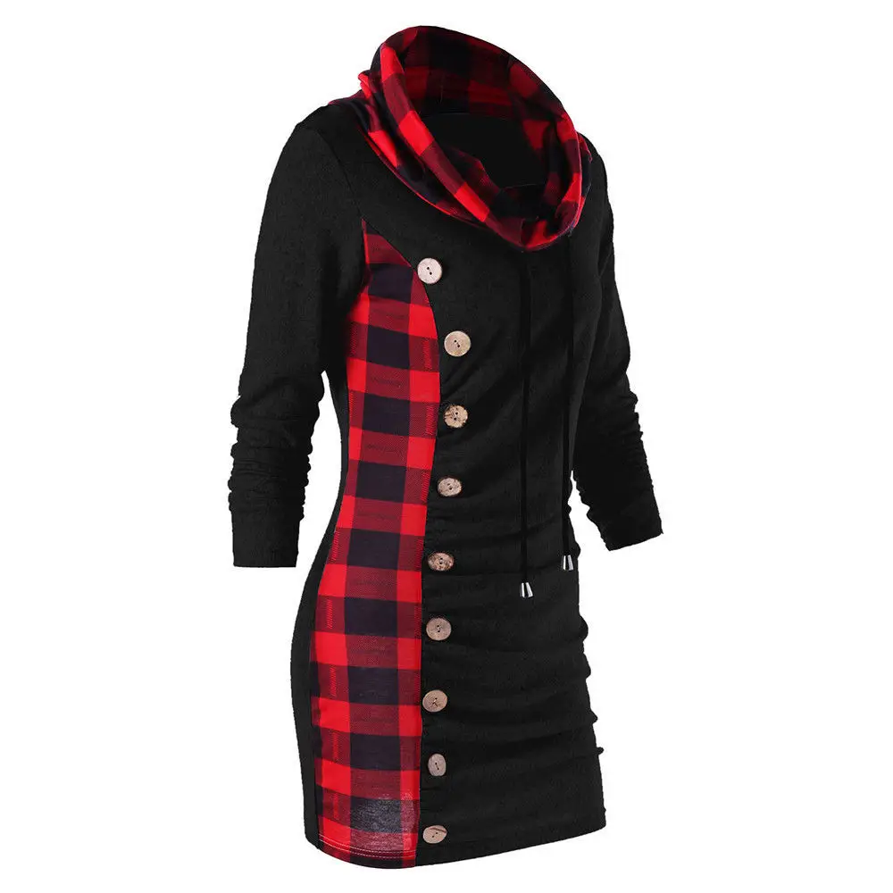 Women Plaid Turtleneck Sweater Set Gray Black Red - Image 2