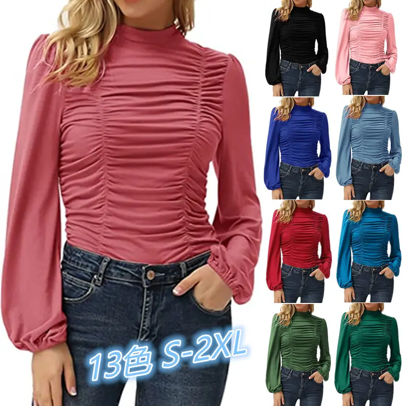 2024 Women Green Ruched High Neck Long Sleeve T-Shirt - Image 13