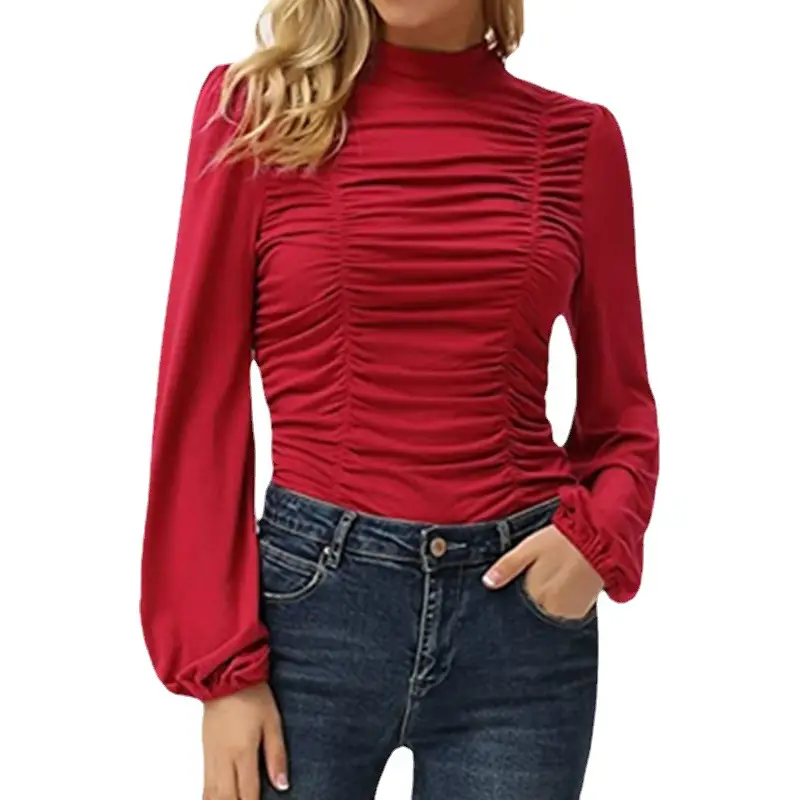 2024 Women Green Ruched High Neck Long Sleeve T-Shirt - Image 16