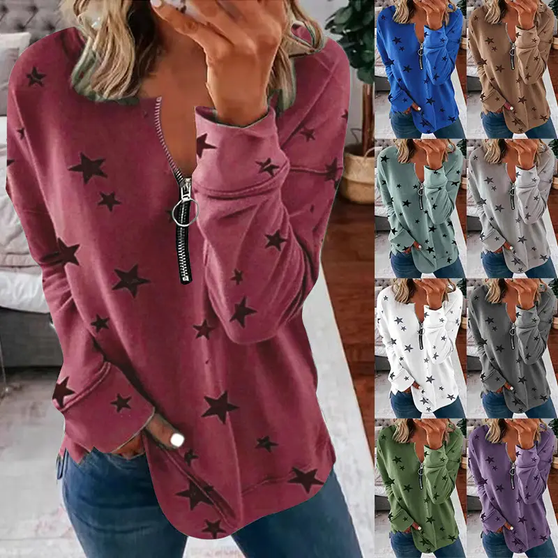 Purple Star Print V-Neck Long Sleeve T-Shirt for Women - Image 9