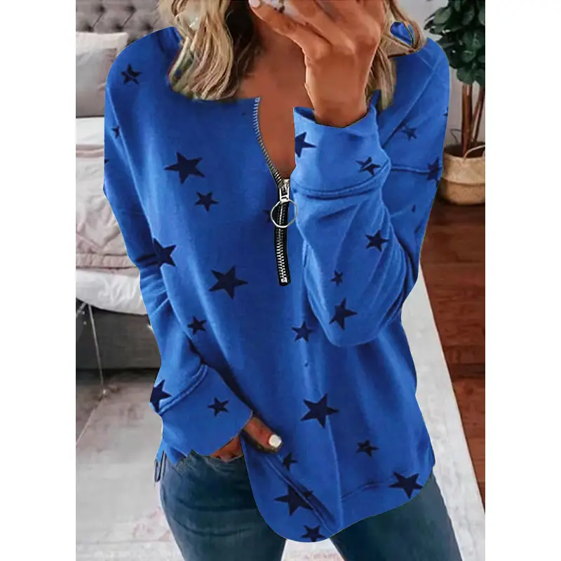 Purple Star Print V-Neck Long Sleeve T-Shirt for Women - Image 10