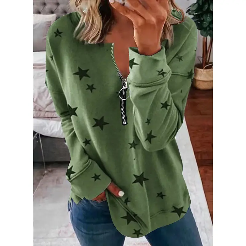 Purple Star Print V-Neck Long Sleeve T-Shirt for Women - Image 4