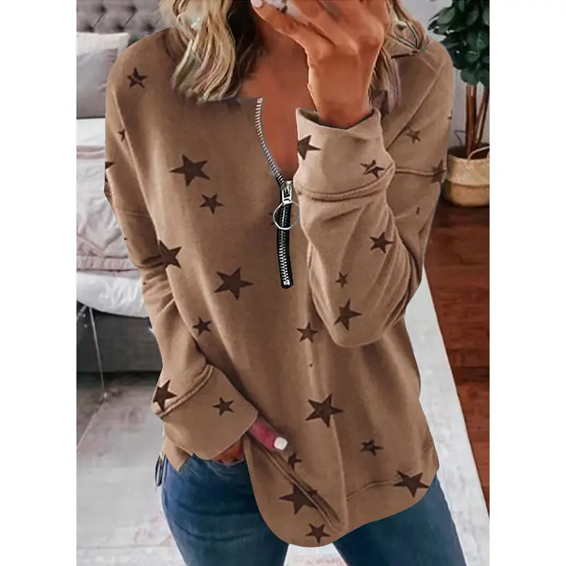 Purple Star Print V-Neck Long Sleeve T-Shirt for Women - Image 5