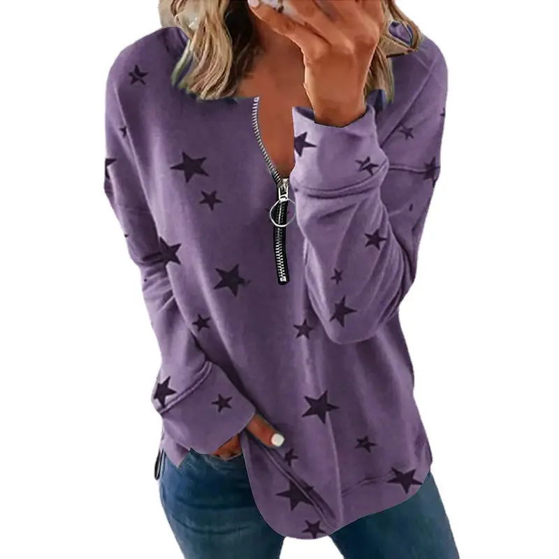 Purple Star Print V-Neck Long Sleeve T-Shirt for Women - Image 11