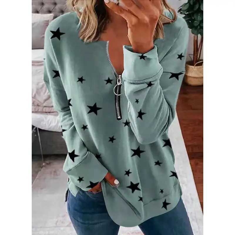 Purple Star Print V-Neck Long Sleeve T-Shirt for Women - Image 2