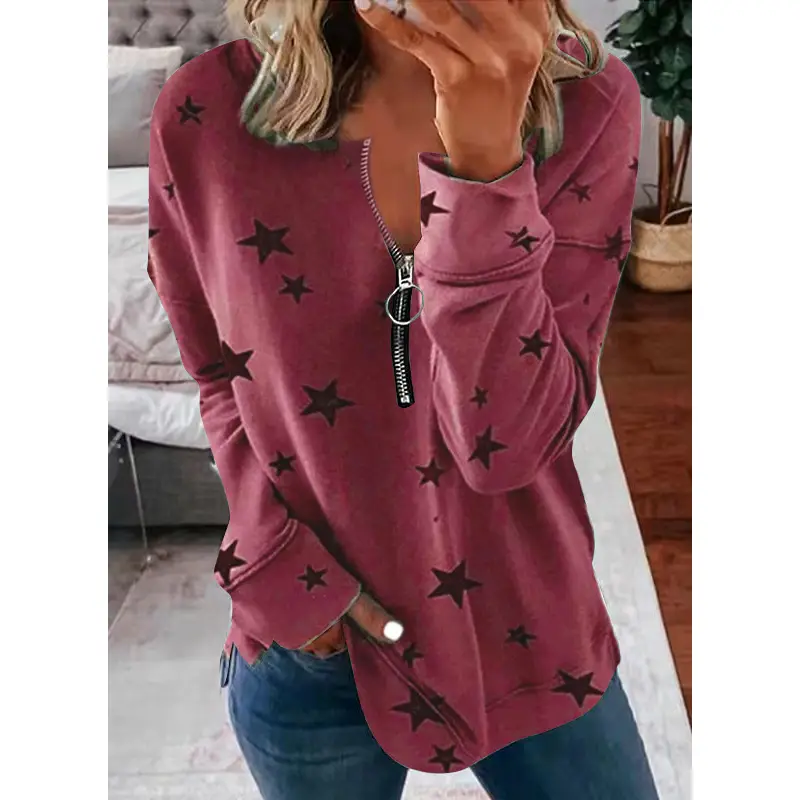Purple Star Print V-Neck Long Sleeve T-Shirt for Women - Image 3