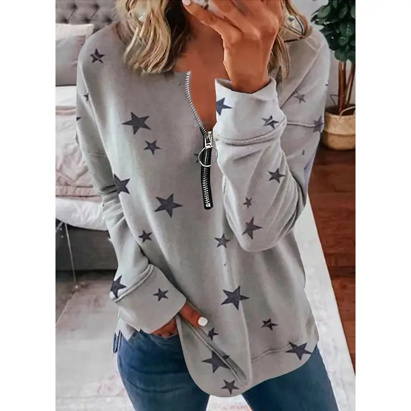 Purple Star Print V-Neck Long Sleeve T-Shirt for Women - Image 6