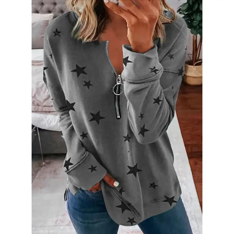 Purple Star Print V-Neck Long Sleeve T-Shirt for Women - Image 7