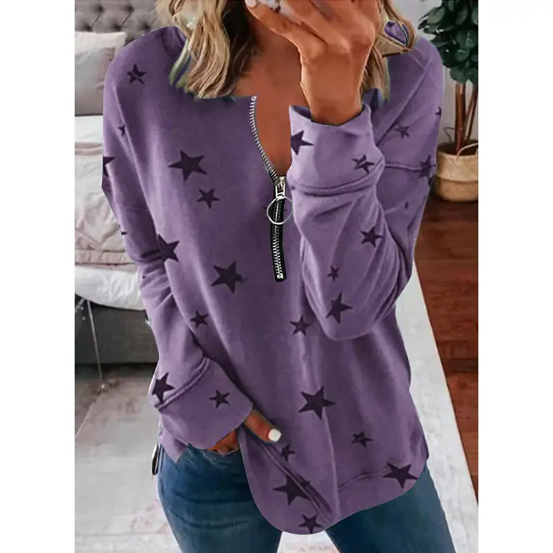 Purple Star Print V-Neck Long Sleeve T-Shirt for Women - Image 8