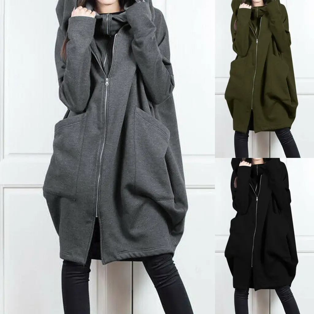 Gray Hooded Zipper Long Coat for Women - Image 4