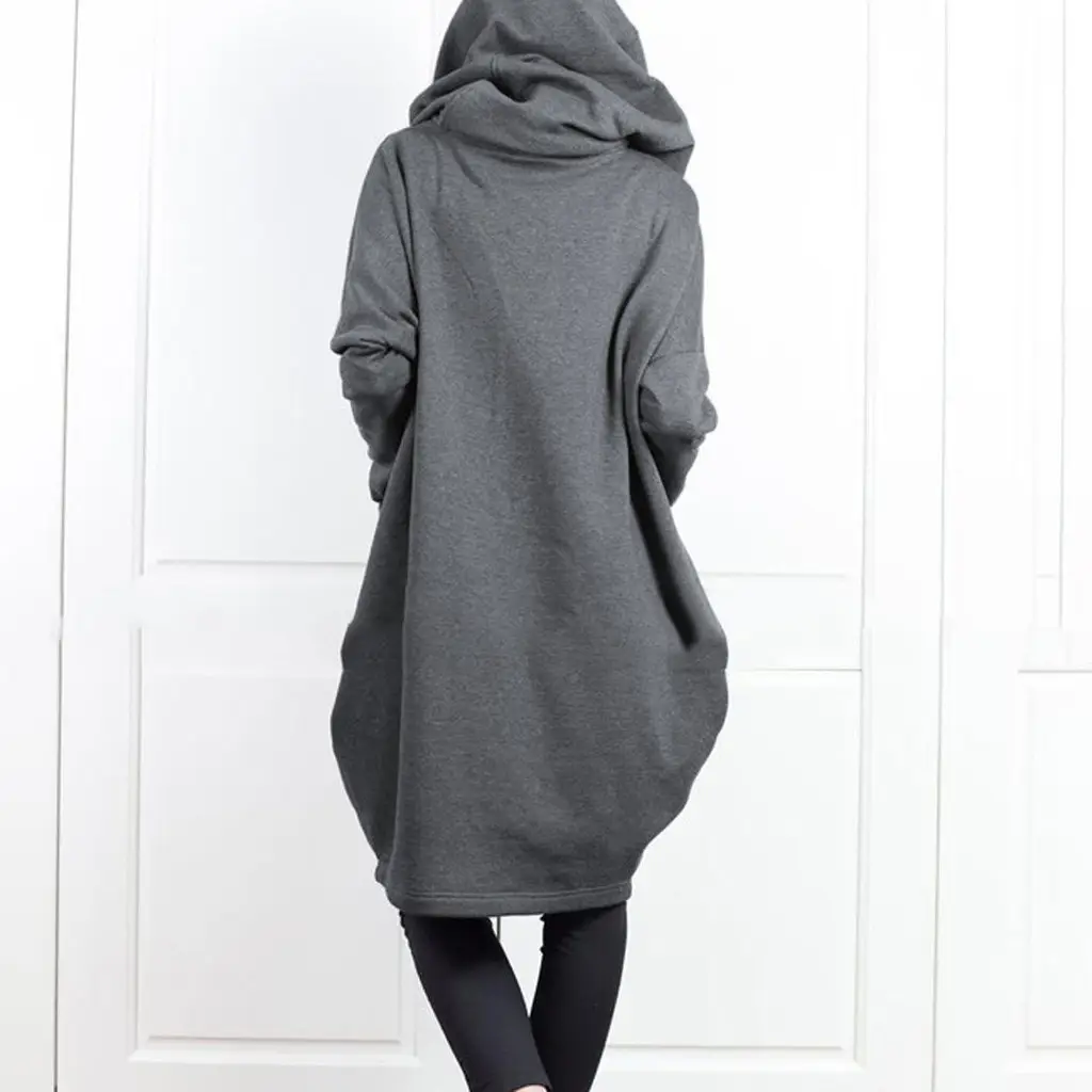 Gray Hooded Zipper Long Coat for Women — feature 7