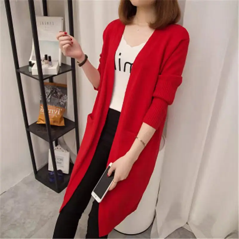 Women's Red Korean Style Mid-Length Cardigan Coat