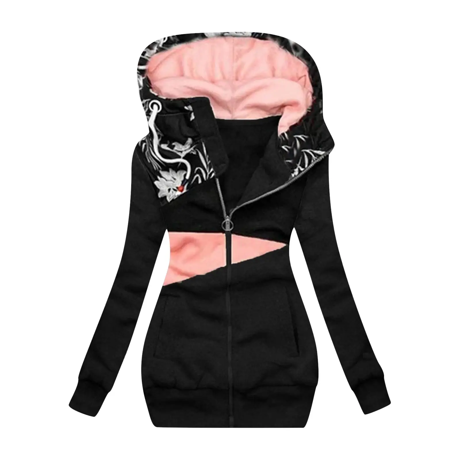 Women's Hooded Zipper Coat Black Pink Print