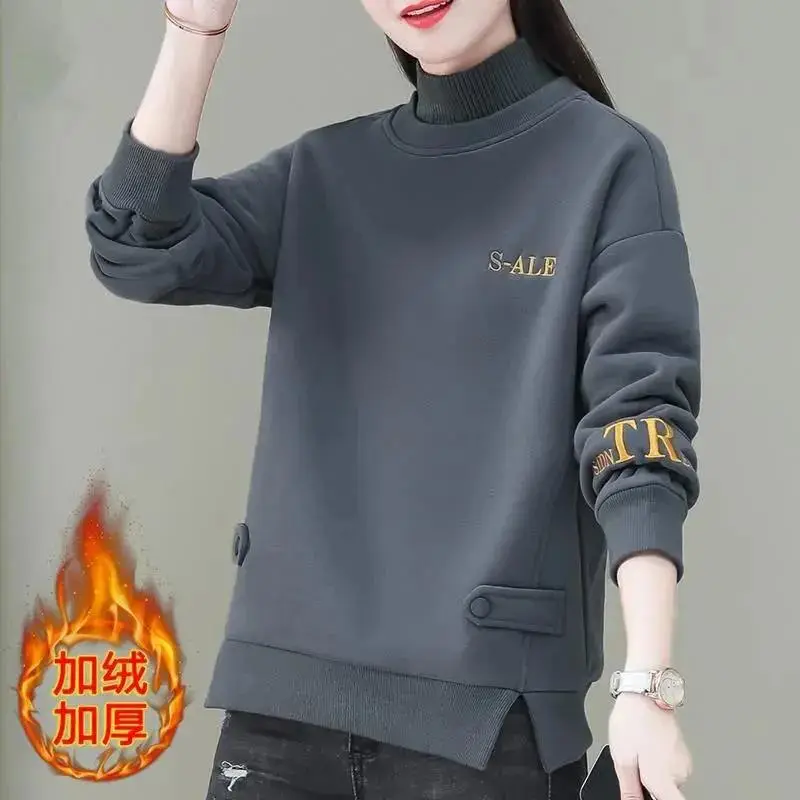 Women's Fleece Lined Half-Collar Sweater Grey 2021 - Image 5