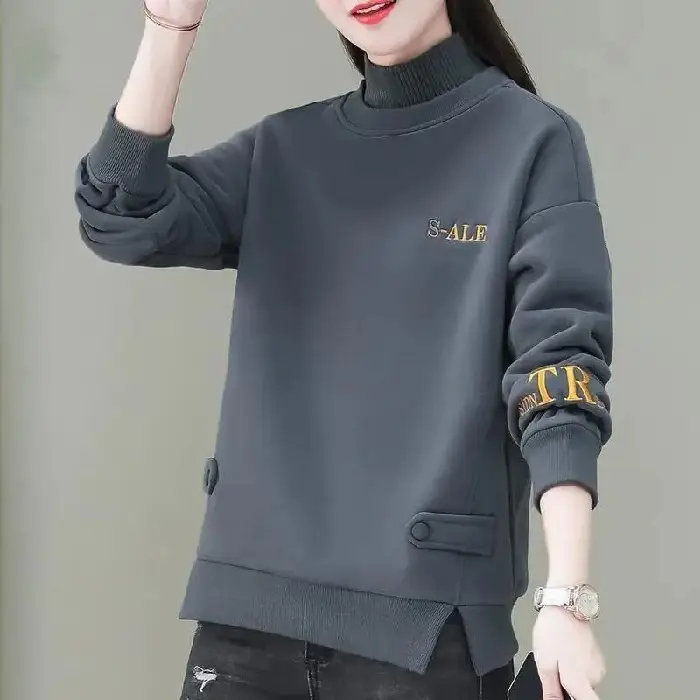 Women's Fleece Lined Half-Collar Sweater Grey 2021 - Image 2