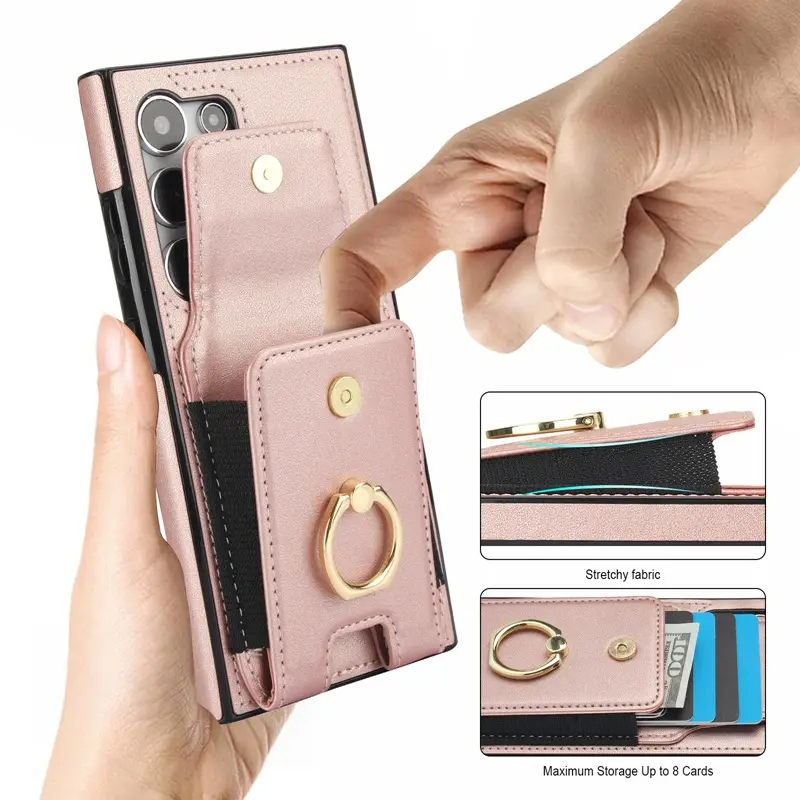 Pink Leather Mobile Phone Case with Elastic Buckle & Card Slots - Image 9