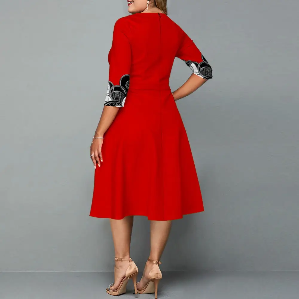 Blue Printed Mid-Sleeve Dress Large Size 2024 - Image 5