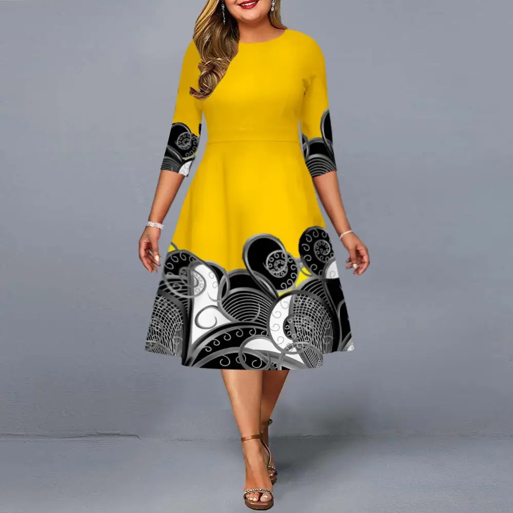 Blue Printed Mid-Sleeve Dress Large Size 2024 - Image 4