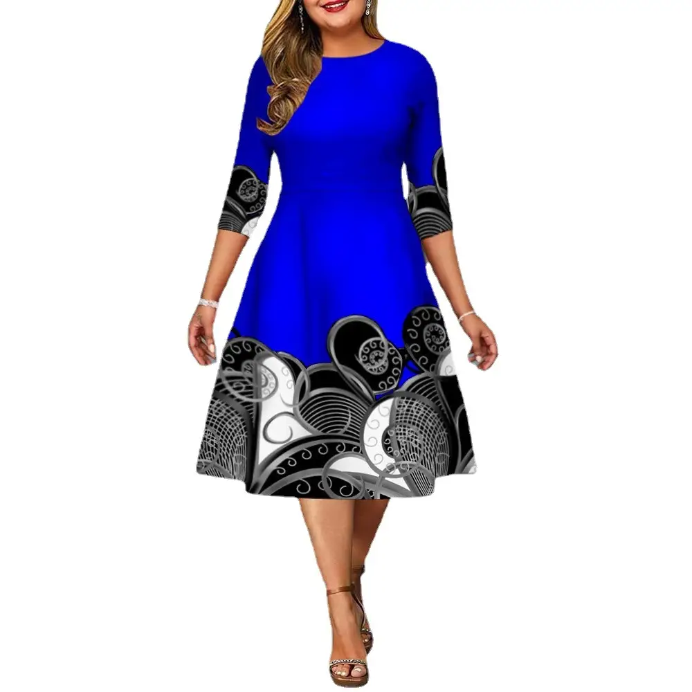 Blue Printed Mid-Sleeve Dress Large Size 2024 - Image 6
