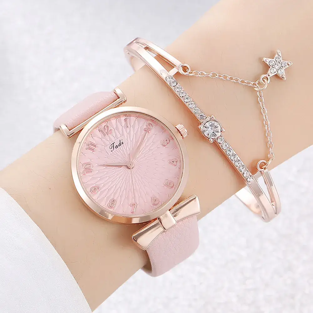 Pink Rose Gold Watch & Bracelet Set for Women